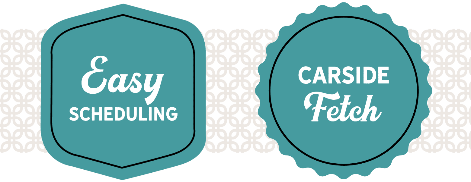 Teal badges with text: "Easy Scheduling" and "Carside Fetch" on a patterned background.