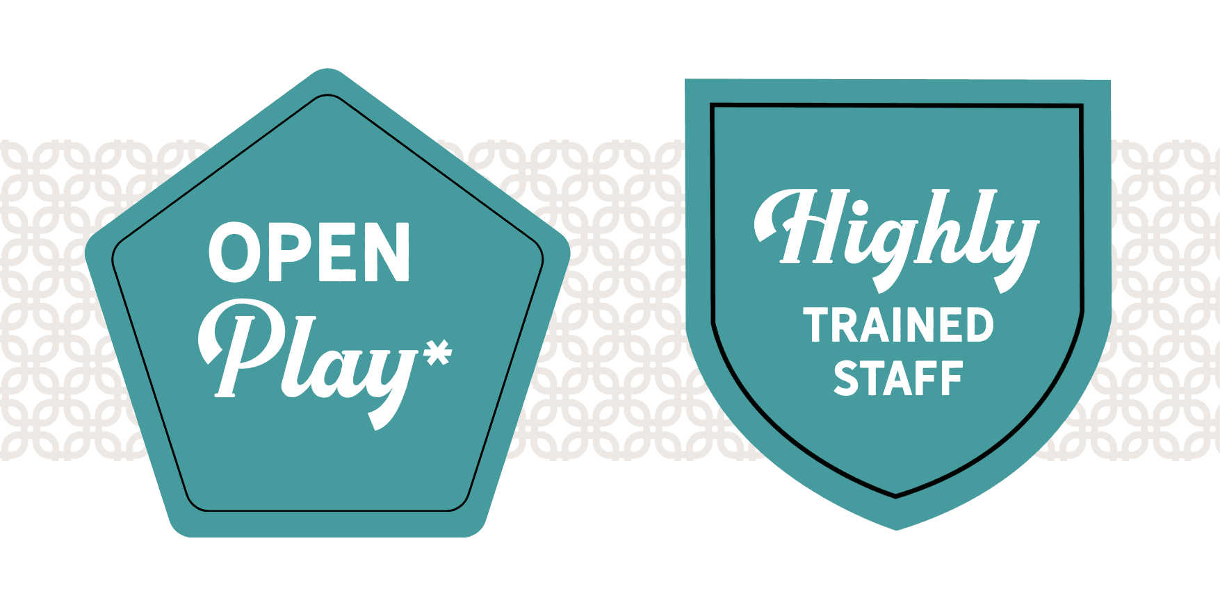 Teal badges with "OPEN Play" and "Highly Trained Staff" text, overlaid on a beige geometric pattern background.