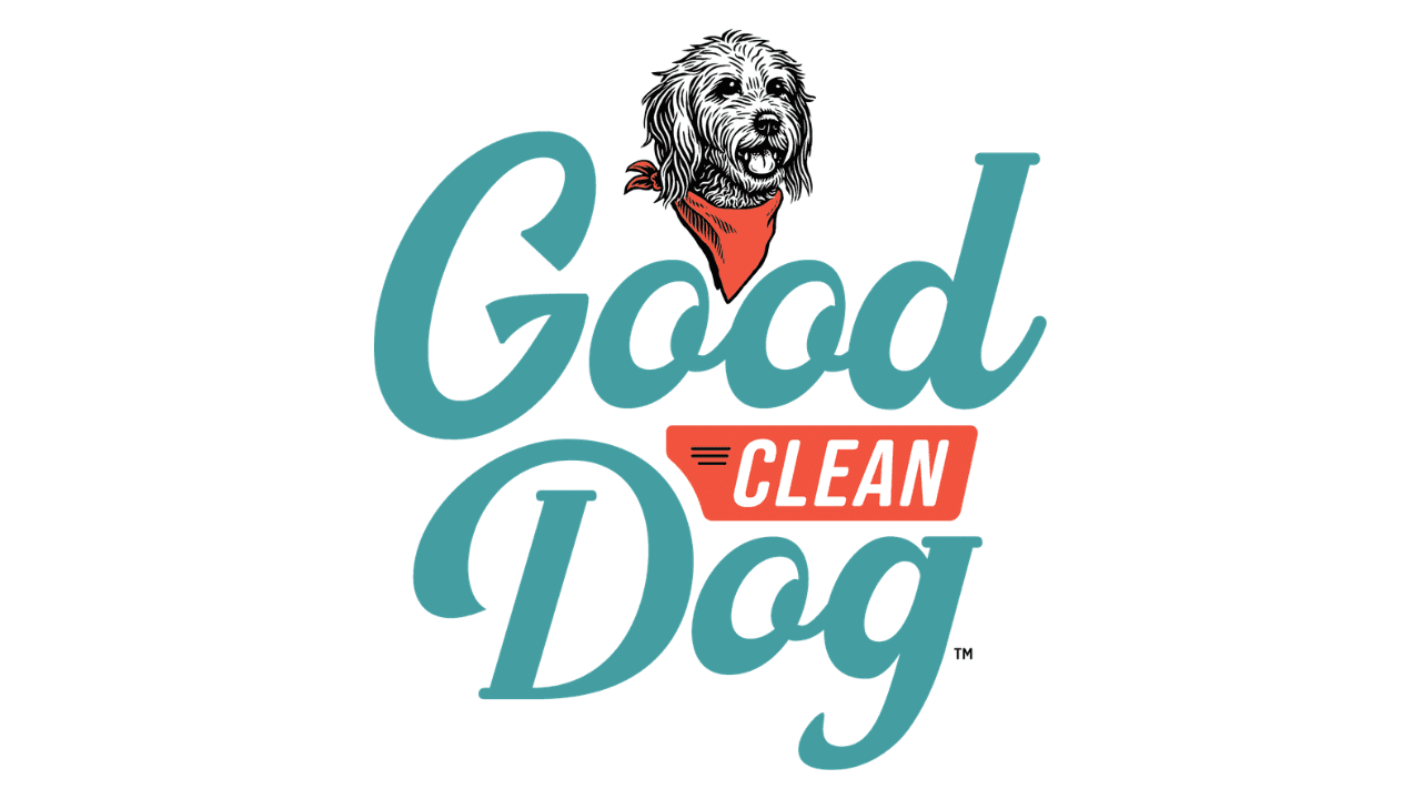 Logo with teal text "Good Dog," red "Clean," and a dog wearing a red bandana above the text.